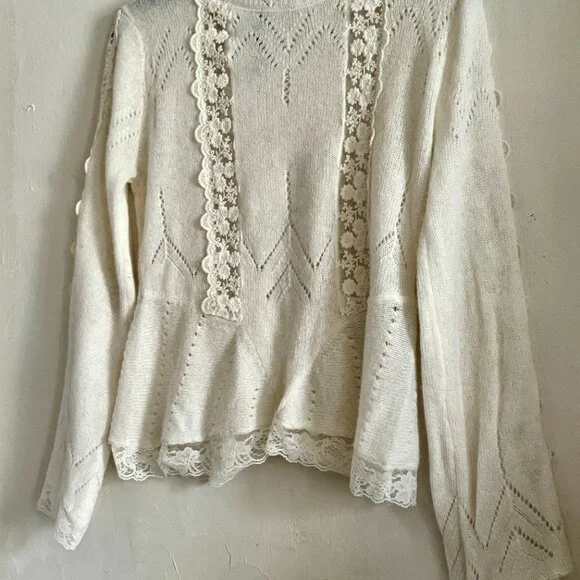 Zara Ivory Lace NWOT Knitted Sweater  Long Sleeve Bohemian Size M - Picture 2 of 9
